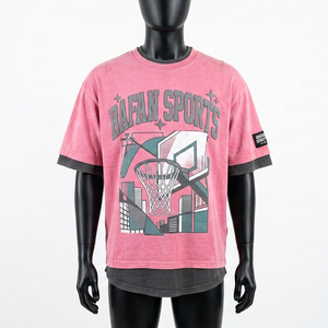 Camiseta de hombre de doble capa, tejido de punto rico en algodón de 200 GSM, de alta calidad, color rosa en la parte superior, paneles interiores de manga gris, con serigrafía personalizada. - Product Image 5
