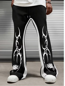 Men s Black Harem Pants With <b>White</b> Flame Pattern Elastic Waist Drawstring Street Style <b>Joggers</b> Breathable Knitted Fabric - Product Image 1