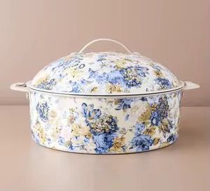 Luxury Blue Floral Enamel Round Roaster <b>Pan</b> Vintage Porcelain Finish Serving Dish <b>with</b> <b>Lid</b> for Professional Home Catering - Product Image 2