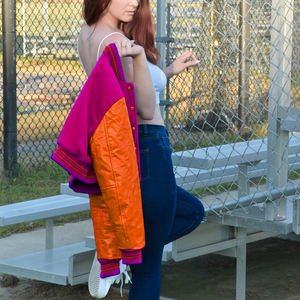 Veste courte universitaire pour femme, style bomber Letterman, rose, magenta, orange, manches en similicuir, vêtement d'extérieur décontracté, mode féminine - Product Image 4