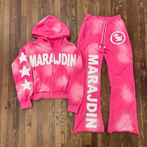 Conjunto de Chándal Rosa Personalizado con Efecto Desgastado Y2K, Sudadera con Cremallera y Pantalones Acampanados, Venta al por Mayor, Unisex, Transpirable para Hombre - Product Image 2