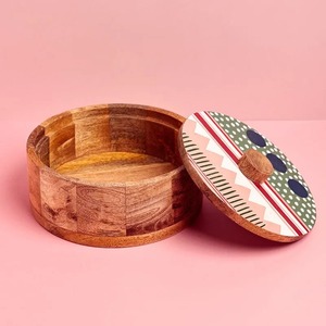 Modern Style Eco-friendly Wooden Chapati Container Durable Handmade Roti Box Flip Top <b>Lid</b> Tortilla Warmer Basket Enamel Coated - Product Image 2