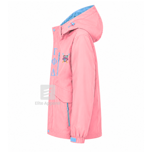 Chaqueta Impermeable Personalizada de la Hermandad Gamma Phi Delta, Color Azul Cielo y Rosa, Poliéster, Manga Larga, Cierre Frontal con Cremallera, Logotipo Bordado - Product Image 3