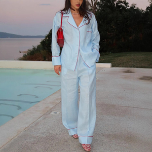 Ensemble de pyjama d'été de luxe en soie bleu clair pour femmes, manches longues, col rabattu, vêtements de nuit doux - Product Image 2