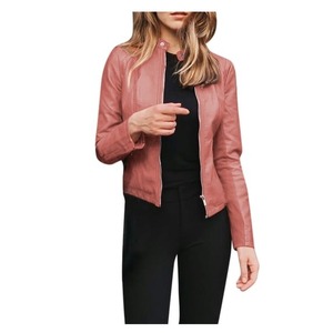 Blouson moto en cuir PU slim fit sans col, fermeture éclair, couleur unie, coupe courte, style moto, unisexe, pour l'automne - Product Image 2