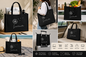 Just Breathe Dandelion <b>Canvas</b> <b>Tote</b> Bag Large Size Daily Shopping Bag Hand Length Handle Black - Product Image 4