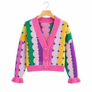 HMR Sisterhood Sorority Cardigan en acrylique tricoté à col en V, motif géométrique couleur bonbon, manches à volants, haut décontracté - Product Image 5