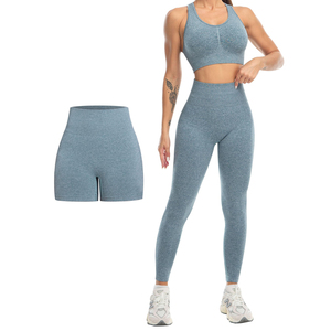 Women Gray Seamless Yoga Set Sports <b>Bra</b> High Waist Leggings 3 Piece Workout Activewear Full Length <b>Racerback</b> Crop Top - Product Image 3