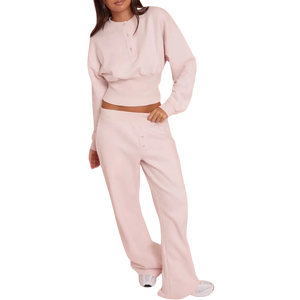 Ensemble 2 pièces pour femme, très tendance, rose, en molleton tricoté, haut court et pantalon long, coupe décontractée, couleur unie, toutes saisons - Product Image 1