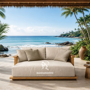 Chaise longue d'extérieur en bois avec dossier et fonction inclinable – Mobilier de piscine de style tropical - Product Image 1