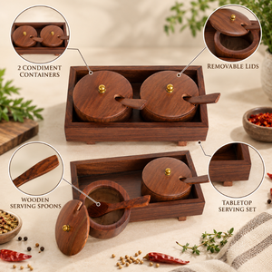 Ensemble de porte-pickles en bois avec couvercles et cuillères |   2 récipients à condiments avec plateau de service rectangulaire pour la cuisine et la table à manger - Product Image 5