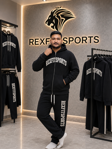 Men Tracksuit Screen Printing <b>Zip</b> <b>Up</b> <b>Hoodie</b> Jogger Set Heavyweight Fleece <b>Black</b> Streetwear Sweatsuit Private Label Manufacturer - Product Image 1