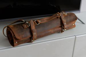 Leather Knife <b>Roll</b> Storage <b>Bag</b> With Zipper Closure Vintage Style Durable <b>Tool</b> Organizer For Chef <b>Tools</b> - Product Image 2