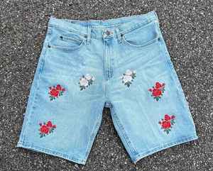Shorts en jean brodés personnalisés pour hommes et femmes, collection été 2026, streetwear hip-hop, impression frontale de haute qualité, jorts brodés - Product Image 2