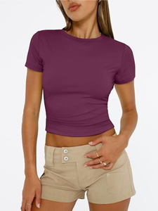 <b>Purple</b> Short Sleeve Crop Top O-Neck Knitted Slim Fit Casual Solid Color Women's Streetwear <b>T</b>-<b>Shirt</b> BY SHAHI IMPEX - Product Image 3