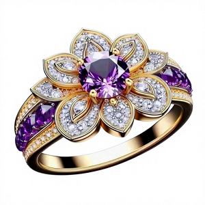 22K Solid Gold Classic Amethyst Lotus Flower <b>Ring</b> for Women Genuine Purple Gemstone Sunflower Diamond <b>Statement</b> Fine Jewelry - Product Image 1