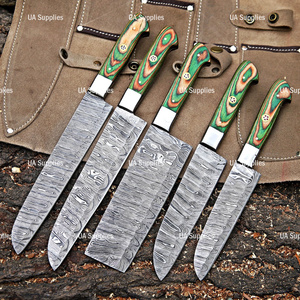 Hand Forged 5 Pcs Damascus Steel Full Tang Professional Kitchen Knives <b>Set</b> Multicolor Option Pakka Wood Handle & Leather Bag OEM - Product Image 2