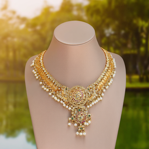 Women's Designer Gold Plated Semi Bridal Necklace and Earring Set with Zircon and Pearl Flower Shape Wedding Jewelry Nova Mart - Product Image 3