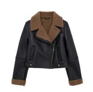 Veste moto en cuir véritable noir pour homme, col montant, fermeture éclair, doublure en sherpa, imperméable, respirante, coupe-vent, style hiver - Product Image 1
