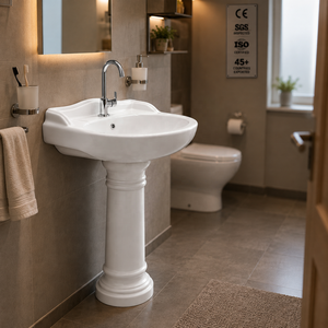 Lavabo sur pied ovale traditionnel pour salle de bain, certifié NSF, avec robinet à levier monotrou, finition polie brillante - Product Image 3