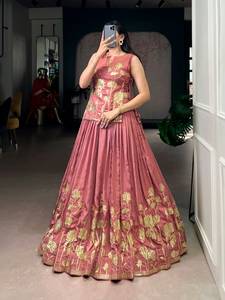 Green Floral Embroidered <b>Lehenga</b> Choli Satin Traditional Indian Outfit Foil Print Wedding Party <b>Women</b> - Product Image 5
