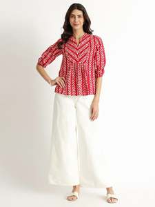 Chemise en coton à imprimé géométrique rouge, manches trois quarts, col en V, coupe ample, avec manches bouffantes, tenue décontractée d'été - Product Image 1