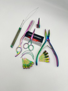 AL-FARDAN Instruments Multi Rainbow Color Surgical Grade Stainless Steel Hair Extension Tools Kit Loop Hook <b>Needle</b> Plier Razor - Product Image 5