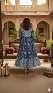 Robe longue midi élégante en coton bleu indigo à imprimé numérique, col en V, style bohème ethnique indien, taille naturelle, pour femme, été - Product Image 3