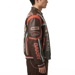 Blouson en cuir Crimson Overdrive pour homme, marron foncé, avec motif flamme, style varsity, pour la course automobile et la moto - Product Image 3