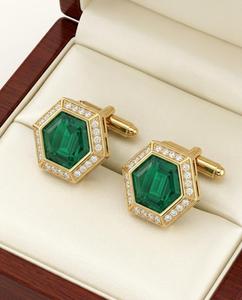 Boutons de manchette hexagonaux vert émeraude sertis de cristaux, ton or, luxe, pour mariage, fête, affaires, formel, bijoux pour homme, cadeau - Product Image 4