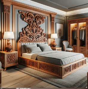 Elegante plataforma de cama redonda combinada con un impresionante arco geométrico de madera para la pared, disponible a precios de mayorista. - Product Image 3