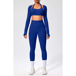 Wholesale Custom Women's Yoga Sets 2-Piece Breathable <b>Skin</b>-friendly Spandex/Polyester Seamless Half Sleeve Stand Neck Drawstring - Product Image 2