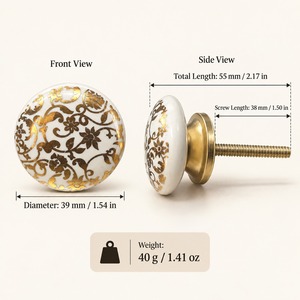 SHUBHAM Decorative <b>Ceramic</b> Cabinet <b>Knob</b> with Gold Floral Design Round <b>Drawer</b> Pull Handle for Wardrobe Dresser Furniture - Product Image 6