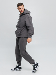 Grey <b>Oversized</b> Hoodie & <b>Jogger</b> Set. Fleece Two Piece Sweatsuit. Custom Logo Streetwear Tracksuit. Private Label Manufacturer - Product Image 5