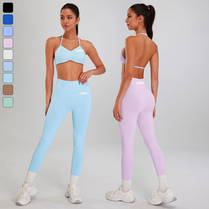 2026 Custom Logo Solid Breathable Yoga <b>Leggings</b> Women High Waist <b>Flare</b> Pants Cross Back Sports Bra 6 Piece Workout Gym - Product Image 4