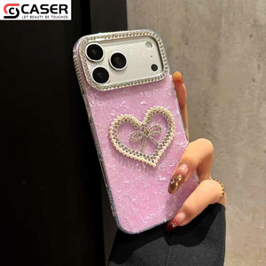 Funda Protectora para iPhone 17/16/15/<span class=keywords><strong>14</strong></span> con Diseño de Corazón y Lazo, Textura de Mármol Brillante, Plisada, con Cristales y Perlas, a Prueba de Golpes - Product Image 5