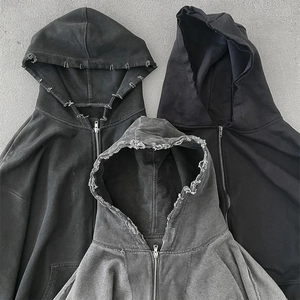 Custom Made Acid Wash Hoodie Embroidery Distressed Zip up Hoodie Sweatshirt Vintage Wash Full-zip Hoodie Blank Cotton Hoodies - Product Image 1