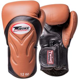 Gants de sparring Twins Deluxe marron, en cuir véritable, pour entraînement professionnel et compétition, MMA, Muay Thai, Kick Boxing, avec poignées pour les mains - Product Image 1