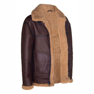 Chaqueta bomber clásica de piel de oveja 100% auténtica, color marrón, talla grande para hombre, para invierno, con forro de piel de borrego cálida. - Product Image 4