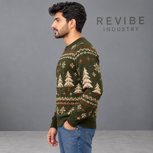 Pull de Noël personnalisé vert olive pour homme, motif jacquard sapin, col rond, tricoté, pour l'hiver, vente en gros OEM - Product Image 3