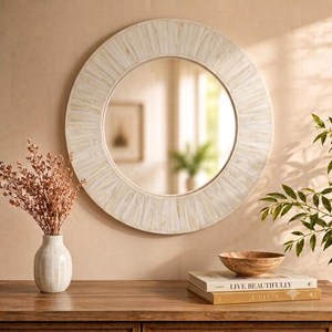 <b>Round</b> <b>Wall</b> <b>Mirror</b> With Green And White Striped Inlay Frame Circular Decorative <b>Mirror</b> For Living Room Or Bedroom - Product Image 3