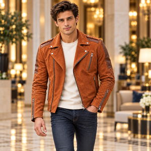 Chaqueta de Motero de Cuero Genuino Color Naranja Quemado para Hombre, con Cierre Asimétrico, Cuello Solapa y Puños con Cremallera, para un Estilo Casual Moderno - Product Image 1