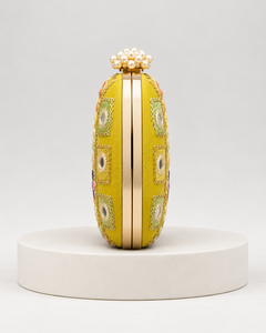 Pochette de Soirée de Luxe Jaune Brodé à Motif Géométrique, Sac à Main Ovale avec Accent de Perles pour Fêtes et Mariages - Product Image 6