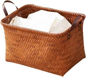Seagrass <b>basket</b> with leather handles on both sides Handmade <b>Storage</b> <b>Basket</b> Wholesale eco-friendly Made Viet Nam - Product Image 1