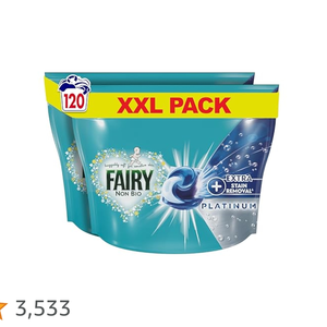 Cápsulas de detergente líquido para ropa Fairy Non Bio Pods, Fairy Pods, 120 lavados, Platinum con eliminación de manchas extra para pieles sensibles - Product Image 1