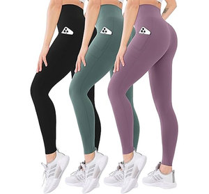 Leggings de yoga taille haute pour femmes, longueur intégrale, noir uni, satin écologique, avec poches, sans coutures, extensibles dans quatre directions, vêtements de sport - Product Image 5