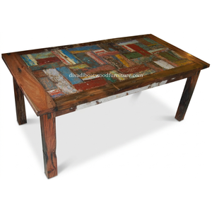 Mesa de comedor DIVADI estilo Java, patchwork, desmontable, de madera recuperada de embarcaciones, diseño sostenible, ecológico, para interiores y exteriores. - Product Image 2