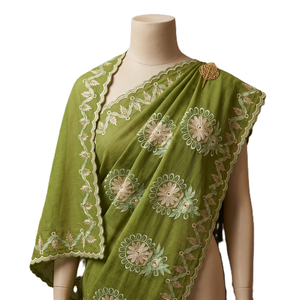 Green Embroidered Floral Swiss Voile Cotton <b>Shawl</b> Women Ethnic Scarf Breathable Daily Wear Style Elegant Hijab <b>Wrap</b> - Product Image 1