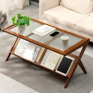 Tavolino da Caffè Artigianale in Rattan Stile Mid-Century Moderno con Piano in Vetro per Soggiorno, Grande Tavolo Centrale Boho con Vano Portaoggetti - Product Image 3