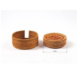 Ensemble de 6 dessous-de-verre ronds en osier faits à la main et durables avec support, style floral, en rotin, pour le thé et le rangement - Product Image 2
